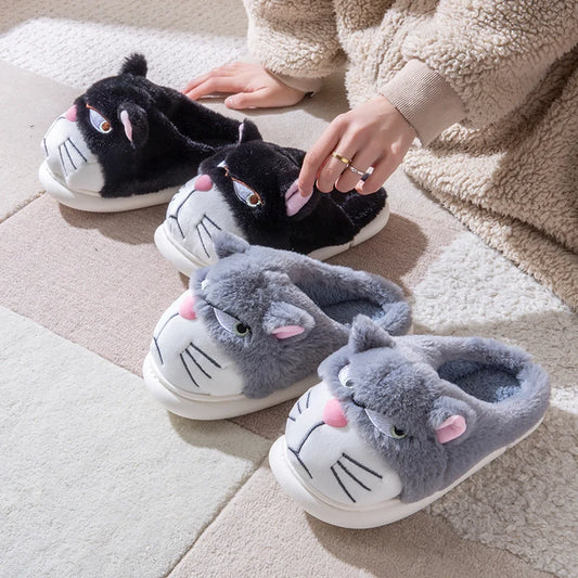 Funny Cat Plush Slippers – Warm and Fluffy Indoor Shoes