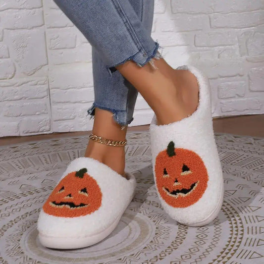 Pumpkin Plush Slippers – Funny Fluffy Halloween Indoor Shoes, Warm and Cozy Fall Slippers