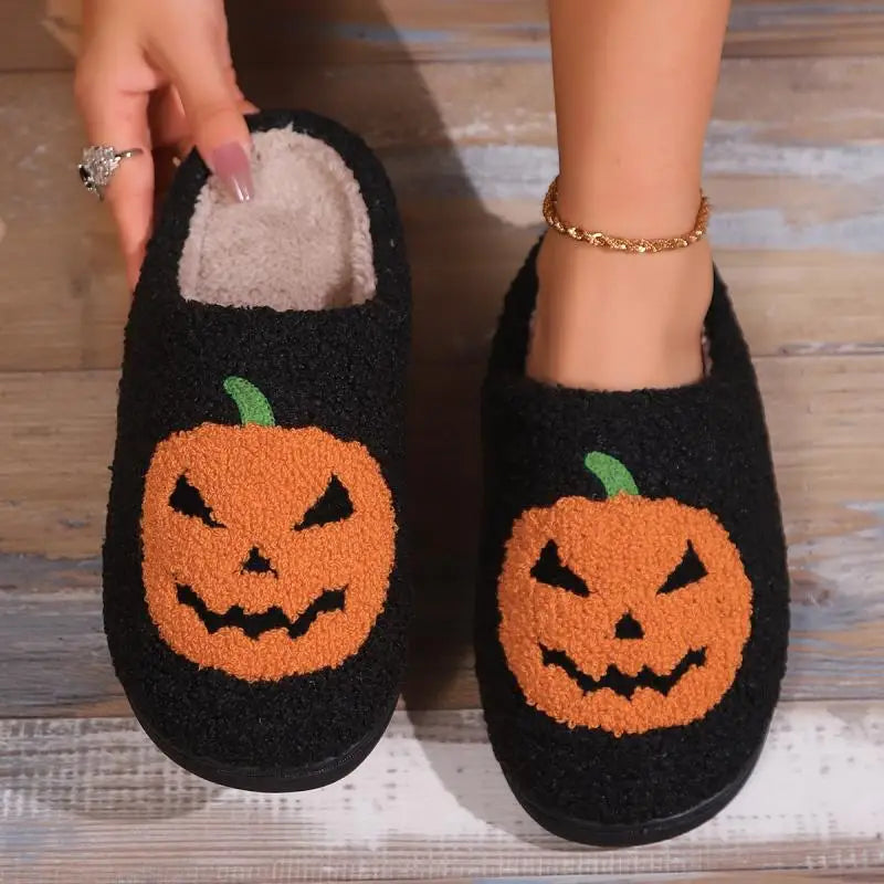 Pumpkin Plush Slippers – Funny Fluffy Halloween Indoor Shoes, Warm and Cozy Fall Slippers