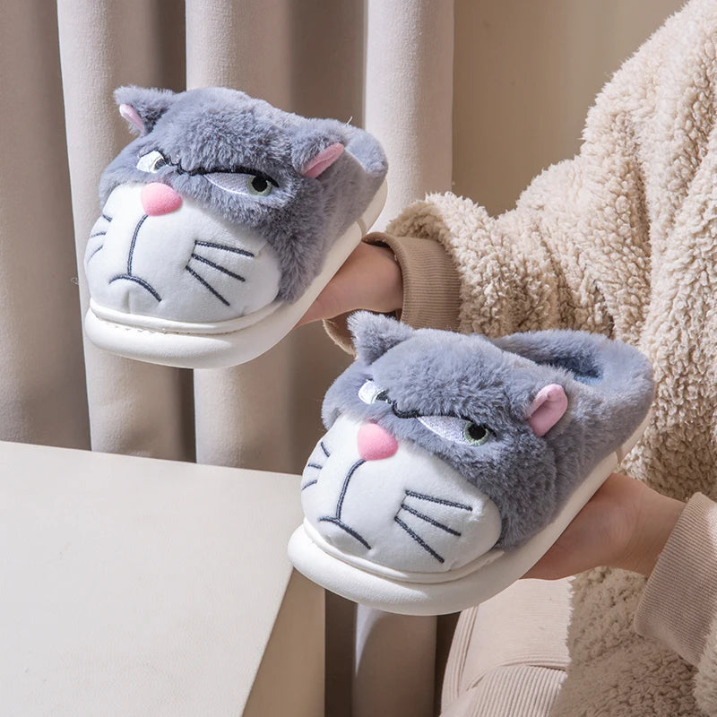 Funny Cat Plush Slippers – Warm and Fluffy Indoor Shoes