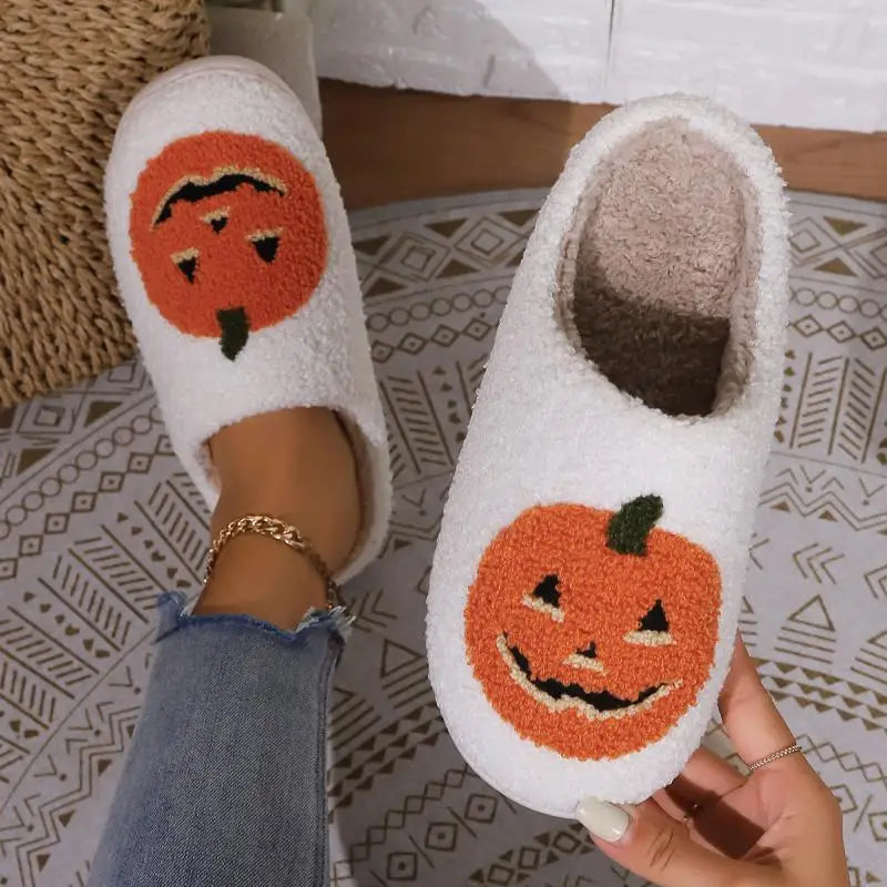 Pumpkin Plush Slippers – Funny Fluffy Halloween Indoor Shoes, Warm and Cozy Fall Slippers
