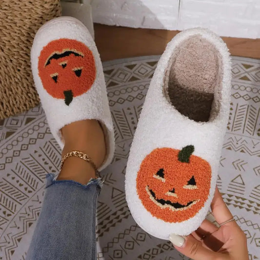 Pumpkin Plush Slippers – Funny Fluffy Halloween Indoor Shoes, Warm and Cozy Fall Slippers
