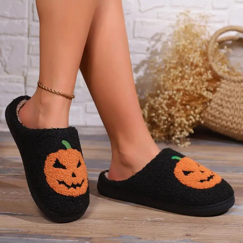 Pumpkin Plush Slippers – Funny Fluffy Halloween Indoor Shoes, Warm and Cozy Fall Slippers