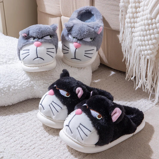Funny Cat Plush Slippers – Warm and Fluffy Indoor Shoes